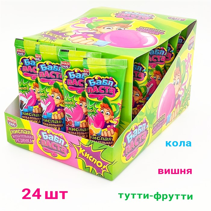 Жевательная резинка Бабл паста Ассорти кислая (Канди клаб) (GUM066-6) 20 гр*12 бл*24 шт GUM066-6 - фото 19243