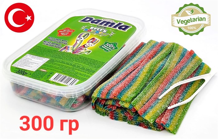 Мармелад DAMLA Кислые ремешки с посыпкой (Радуга) Tayash (1080) 300 гр*1кор х 24 контейнера*1 шт 1080-1