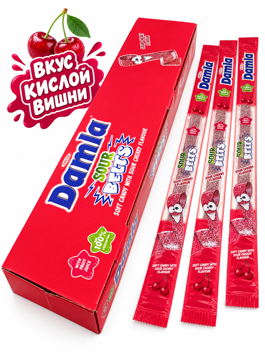 Мармелад жевательный DAMLA Кислые ремешки со вкусом ВИШНЯ TAYAS (TS4017) 15 гр*6 бл*72 шт TS4017
