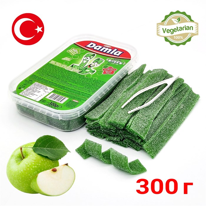 Мармелад DAMLA Кислые ремешки с посыпкой (Яблоко) Tayash (1950) 300 гр*1кор х 24 контейнера*1 шт 1950-1
